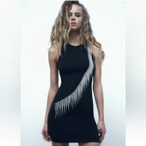 ZARA Round Neck Seamless Jewel Fringe Rhinestone Bodycon Mini Dress Size Small